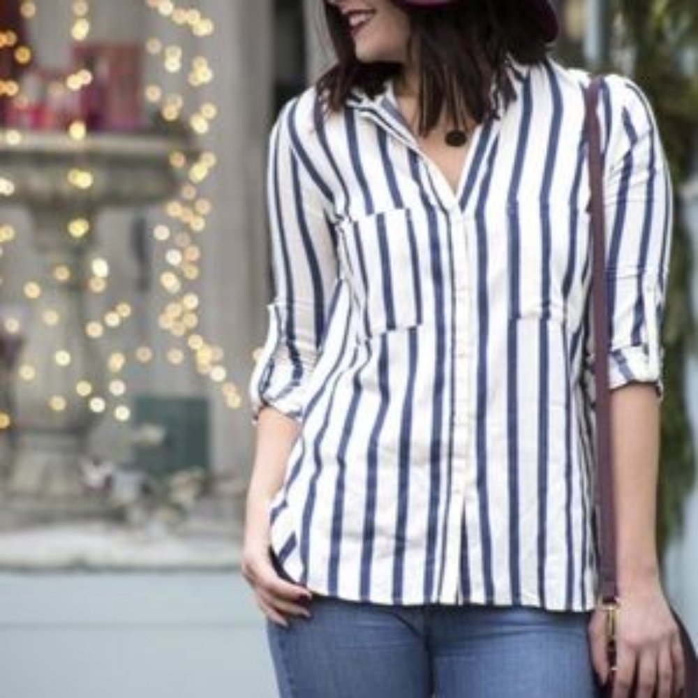 NWOT Miss Love Cream Striped Button Down Shirt M